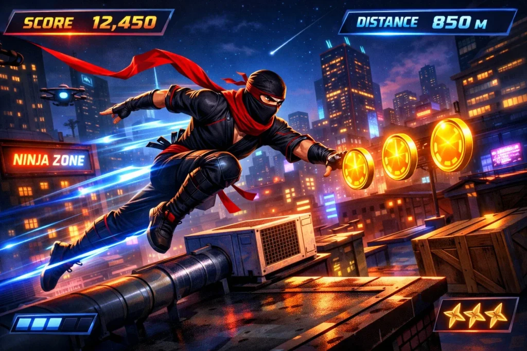 A fast paced arcade running game scene inspired by Ninja Run. A skilled ninja character runs across rooftops in a futuristic city at night while jumping over obstacles and collecting glowing coins. The ninja performs parkour style moves with smooth motion and speed trails behind him. The environment includes neon lights, tall buildings, and a dynamic arcade game interface showing score and distance. The scene feels energetic, cinematic, and exciting with dramatic lighting, vibrant colors, and high detail suitable for a gaming blog illustration.