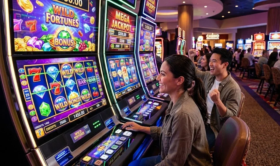 Two people celebrating a win at a casino slot machine.