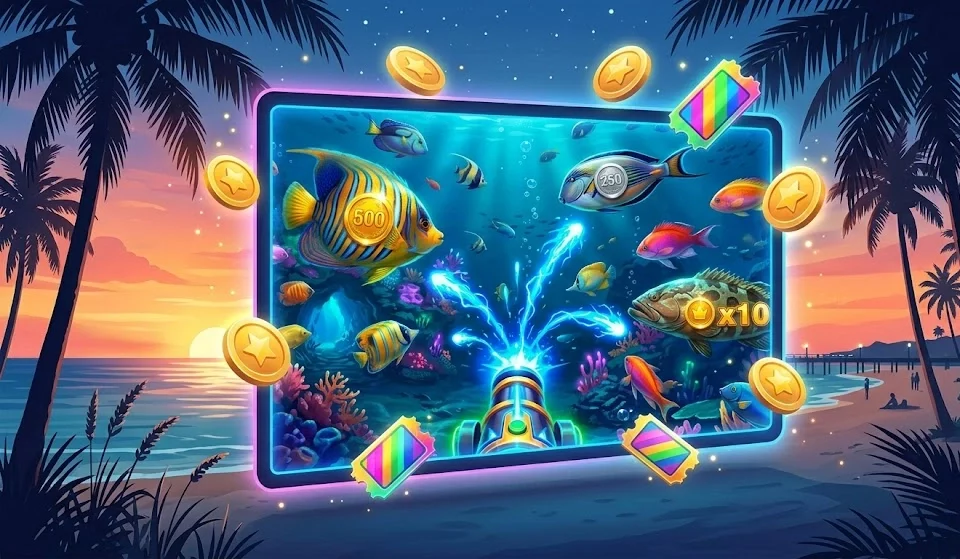 Fish game casino on tablet with Florida beach backdrop and prize coins floating around screen