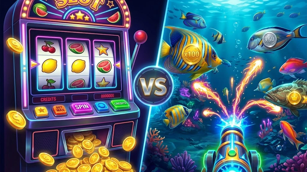 Split screen comparison of fish shooter game versus traditional slot machine at sweepstakes casino