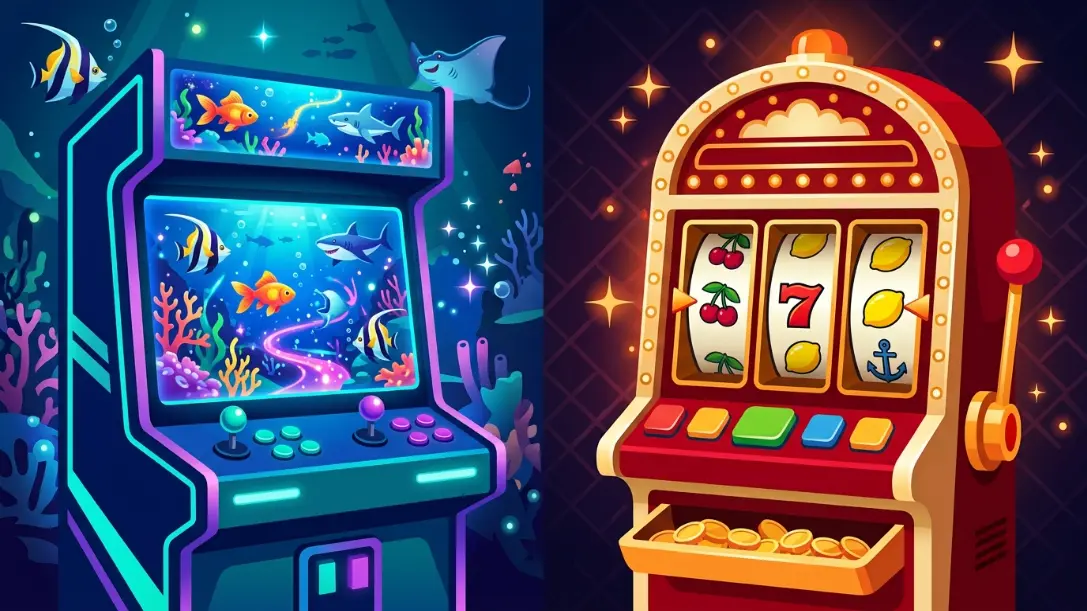 Split illustration comparing a fish table game cabinet and a classic slot machine side by side