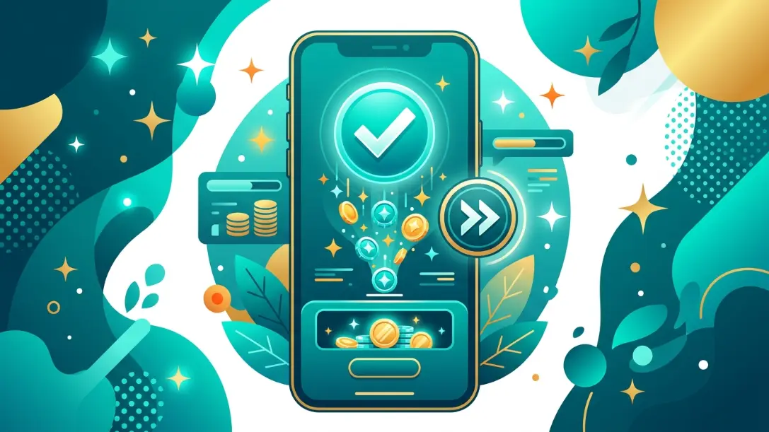 Smartphone screen showing a redemption confirmation checkmark for arcade game rewards